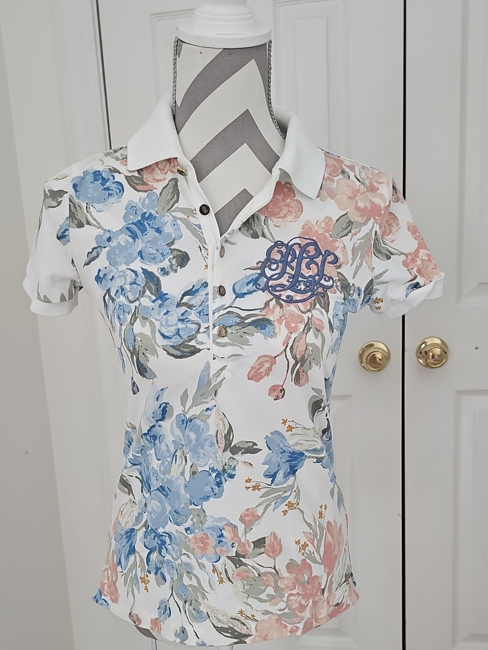 Ralph Lauren Floral Monogram Polo - White, Blue & Pink